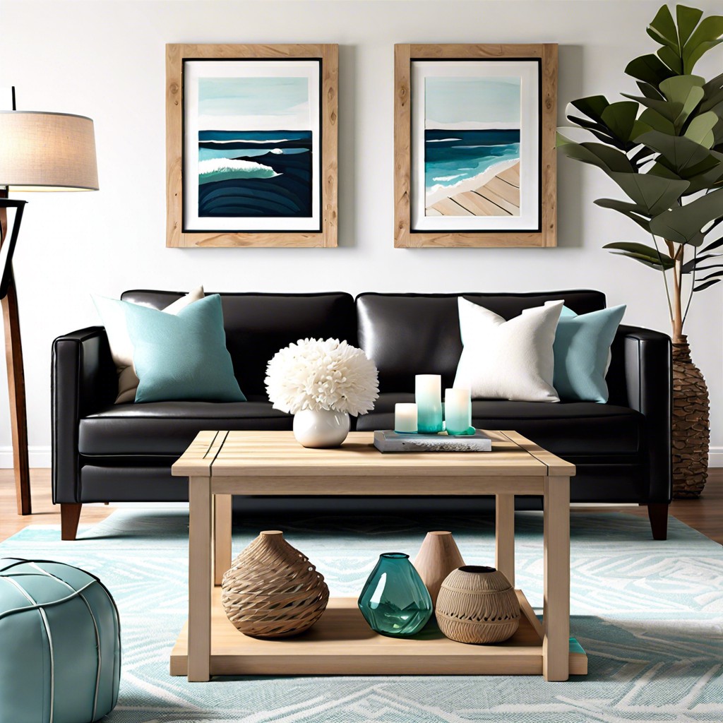 create a coastal vibe with a black couch and light blue accents