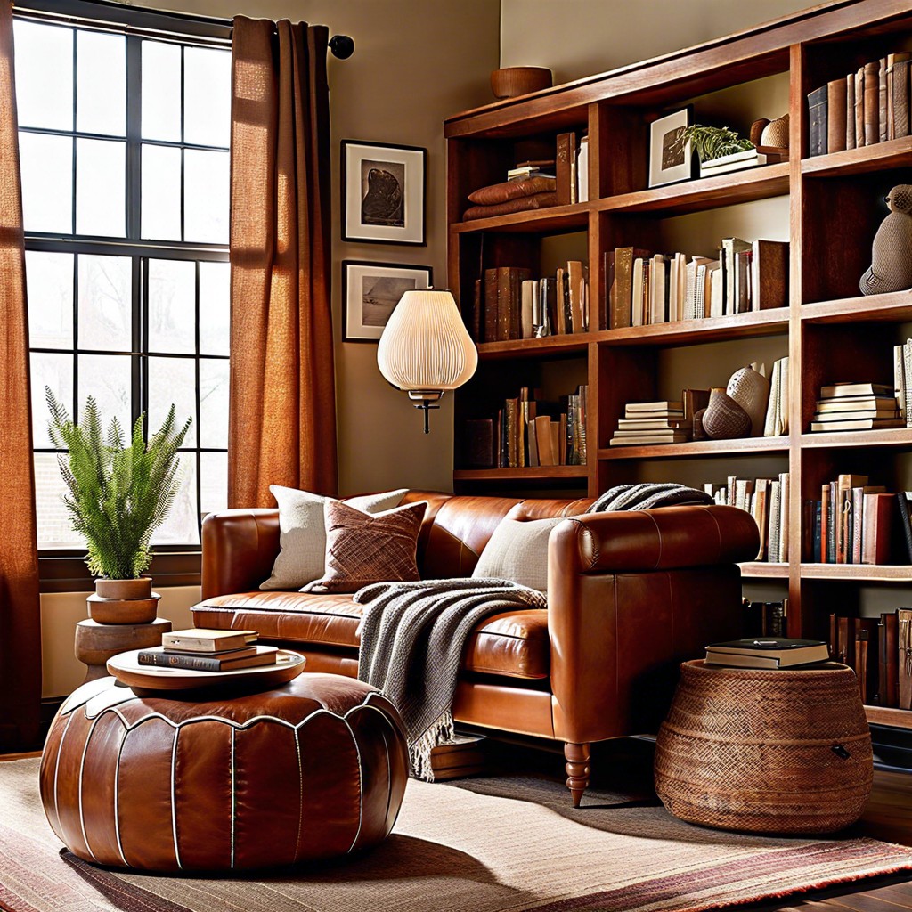 create a cognac leather sofa reading nook