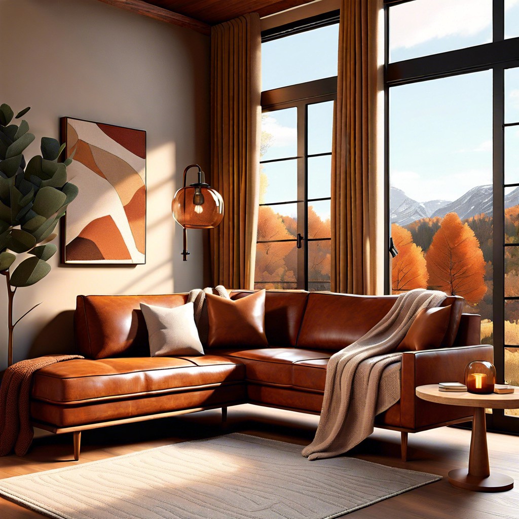 create a cozy window corner with a cognac leather sofa