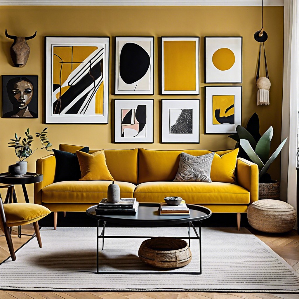 create a gallery wall above the mustard couch