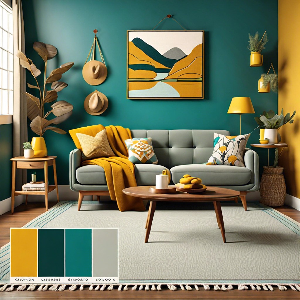 create a retro vibe by pairing a grey sofa with mustard and teal