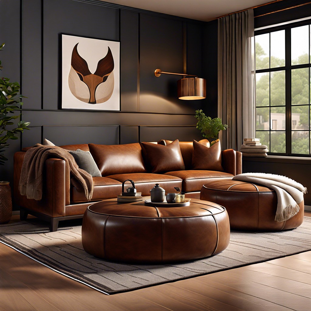 create cohesion with leather ottomans as coffee tables