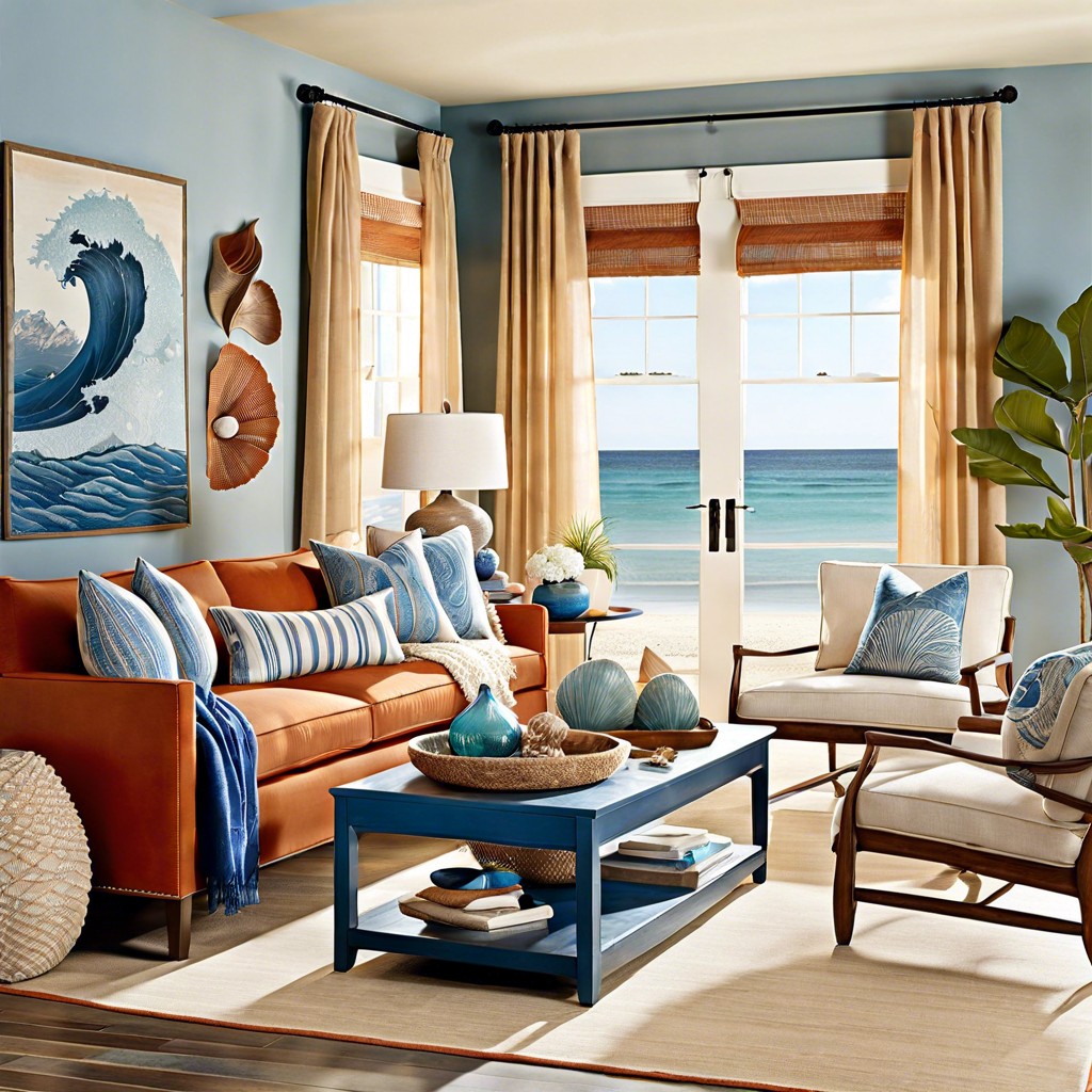 creating a coastal feel by surrounding the sofa with blues and sandy hues