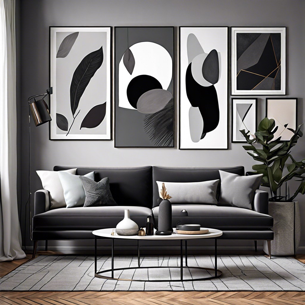 design a gallery wall above the couch with monochromatic artwork