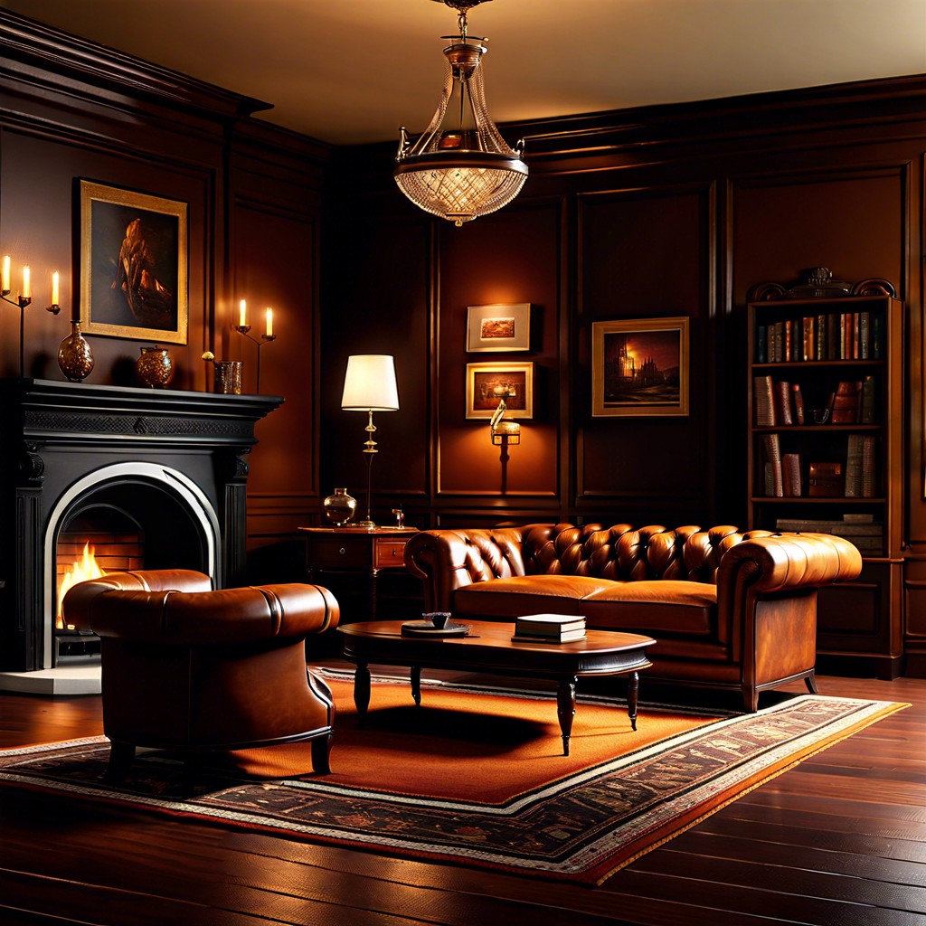 design a gentlemans lounge with a cognac sofa