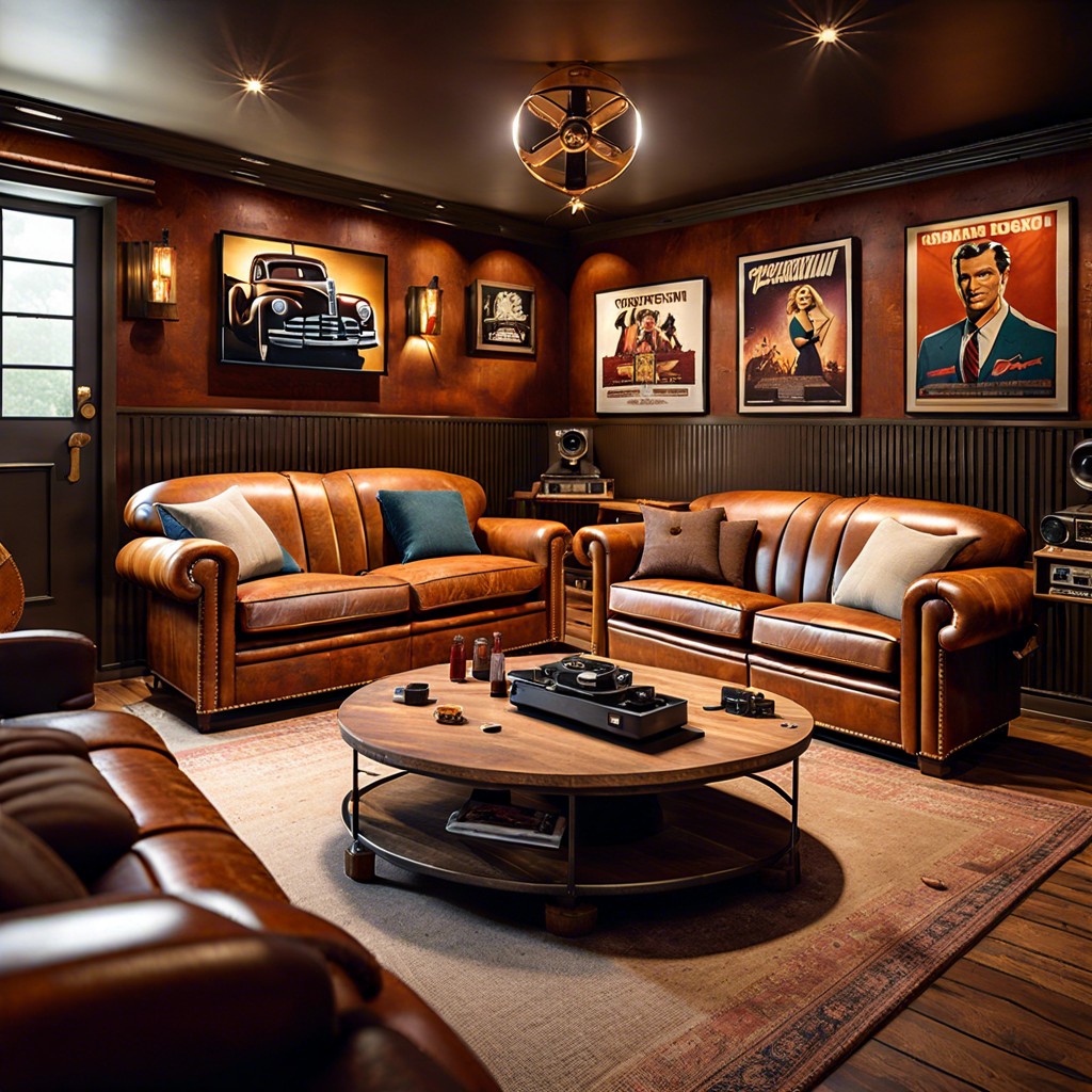 design a vintage cinema room with a cognac sofa