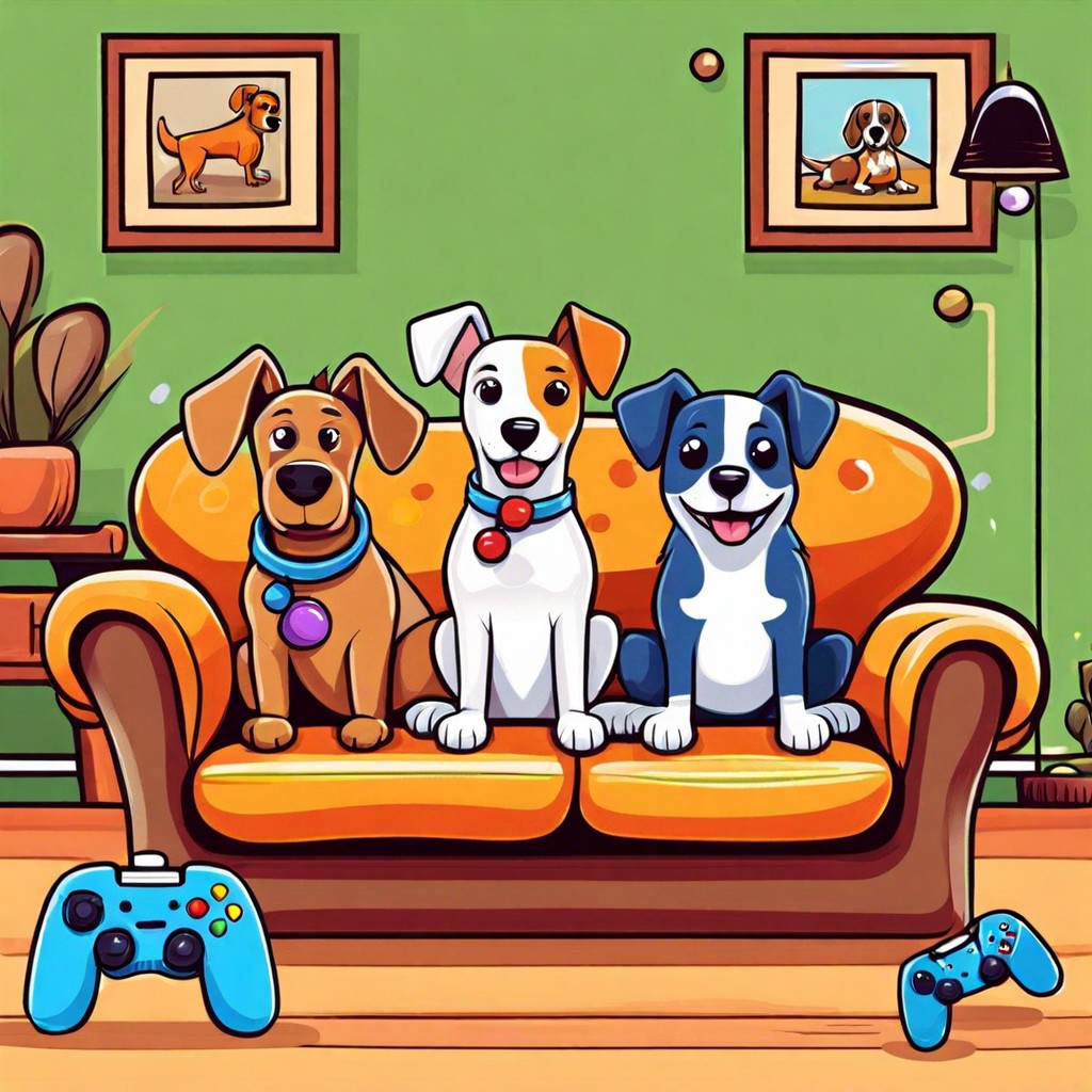 dogs playing a video game