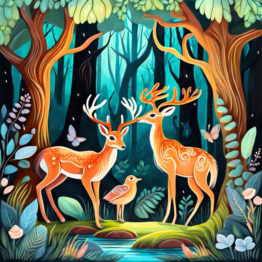 dreamlike forest with whimsical creatures