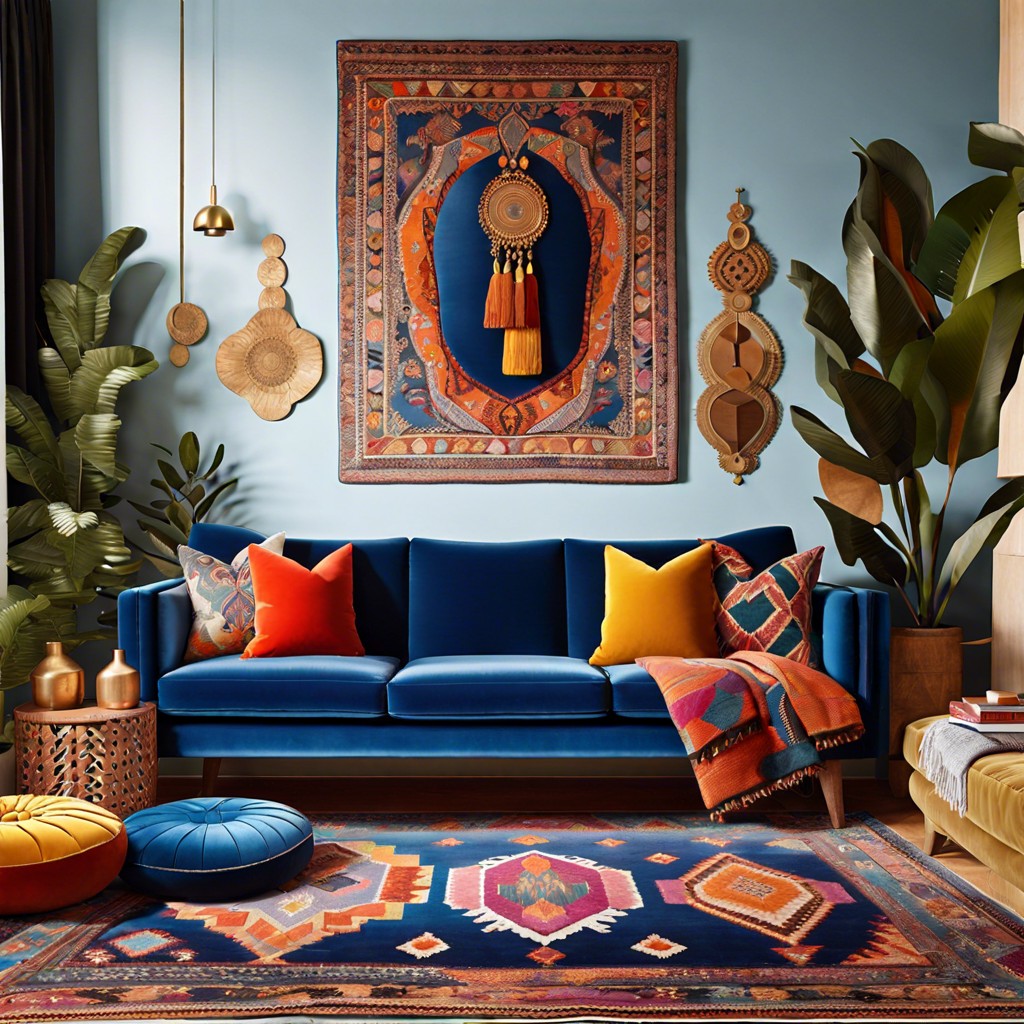 eclectic mix vibrant patterns paired with a blue velvet statement sofa