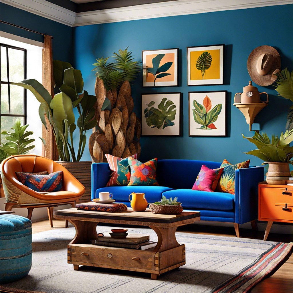 eclectic mix with blue sofa amp vintage trunks