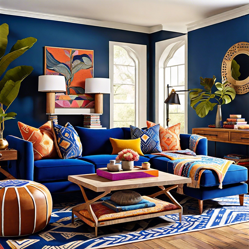 eclectic textiles mix patterns with a royal blue sofa as the anchor
