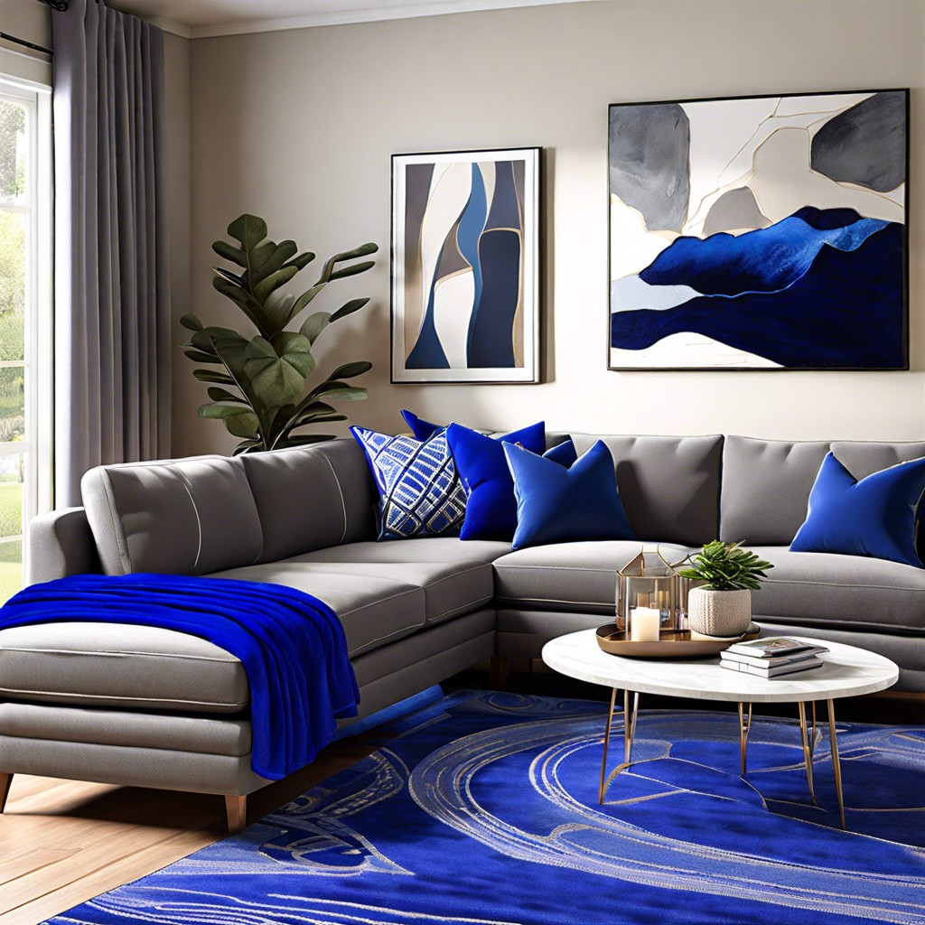 elevate a grey sofa with royal blue accents