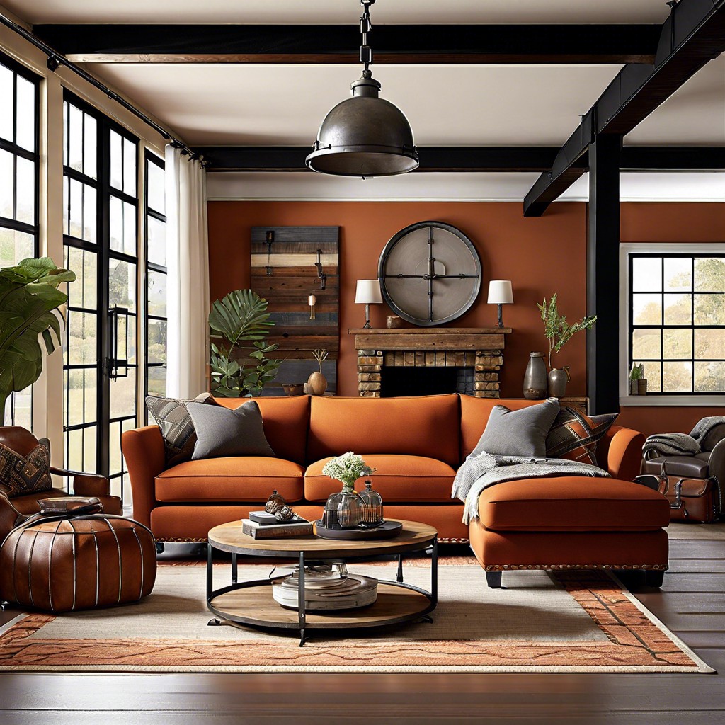 employing industrial elements like metal and wood to ground the sofas warm tones