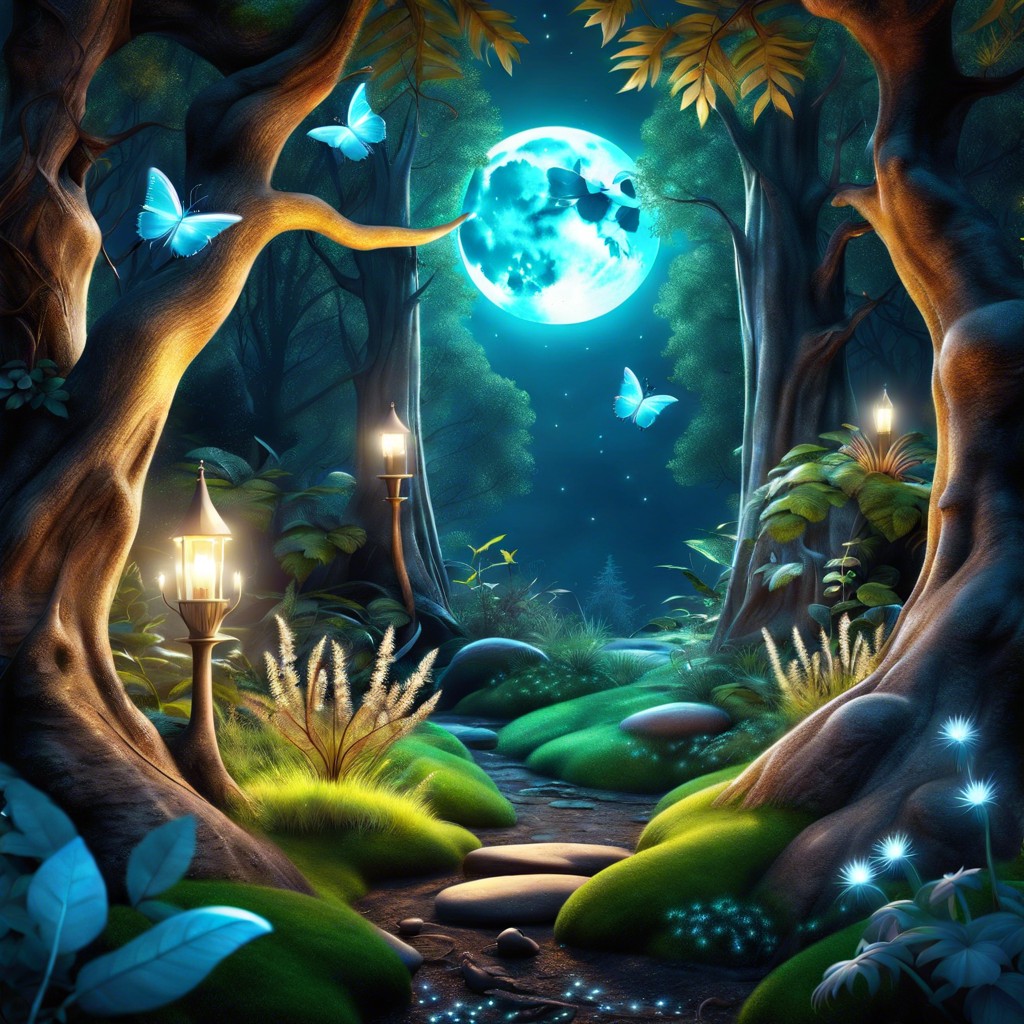 enchanted forest mystical creatures and glowing plants in a moonlit woods