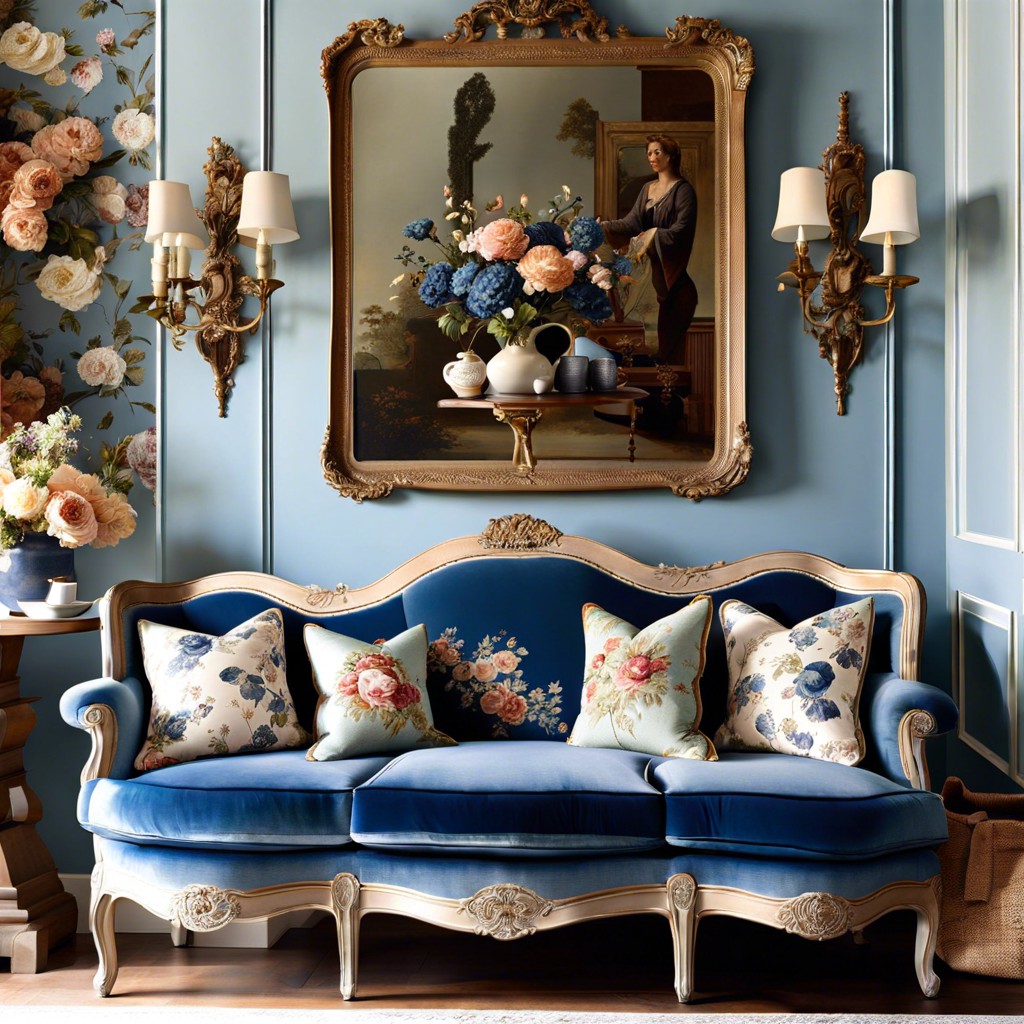 enhance a french blue couch with vintage floral patterned accent chairs