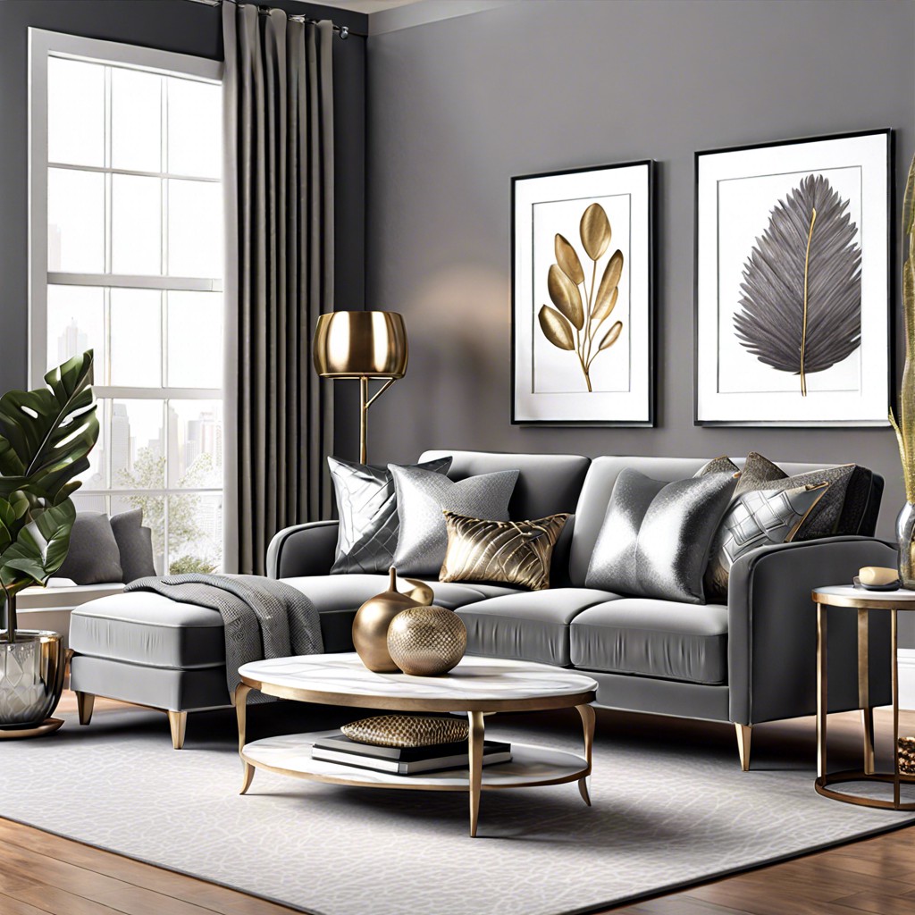 enhance a grey sofas elegance with metallic silver pillows and accents