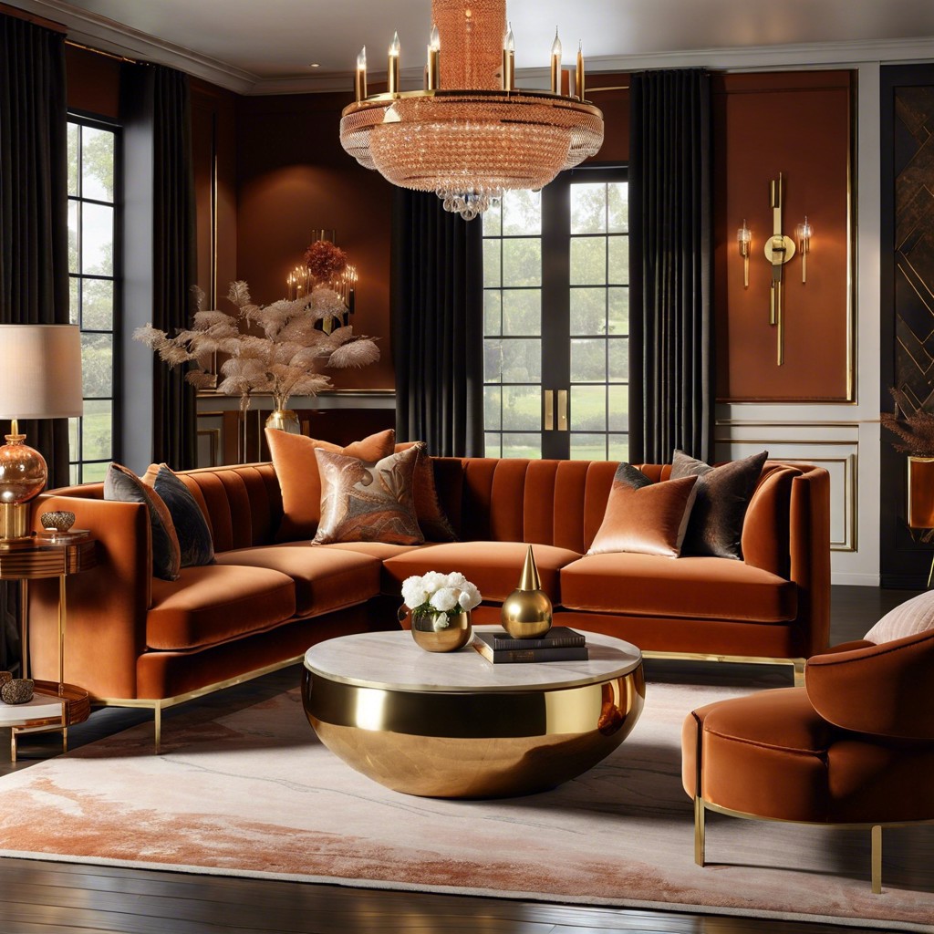 establishing a luxe ambiance with rich velvets and brass touches around the sofa