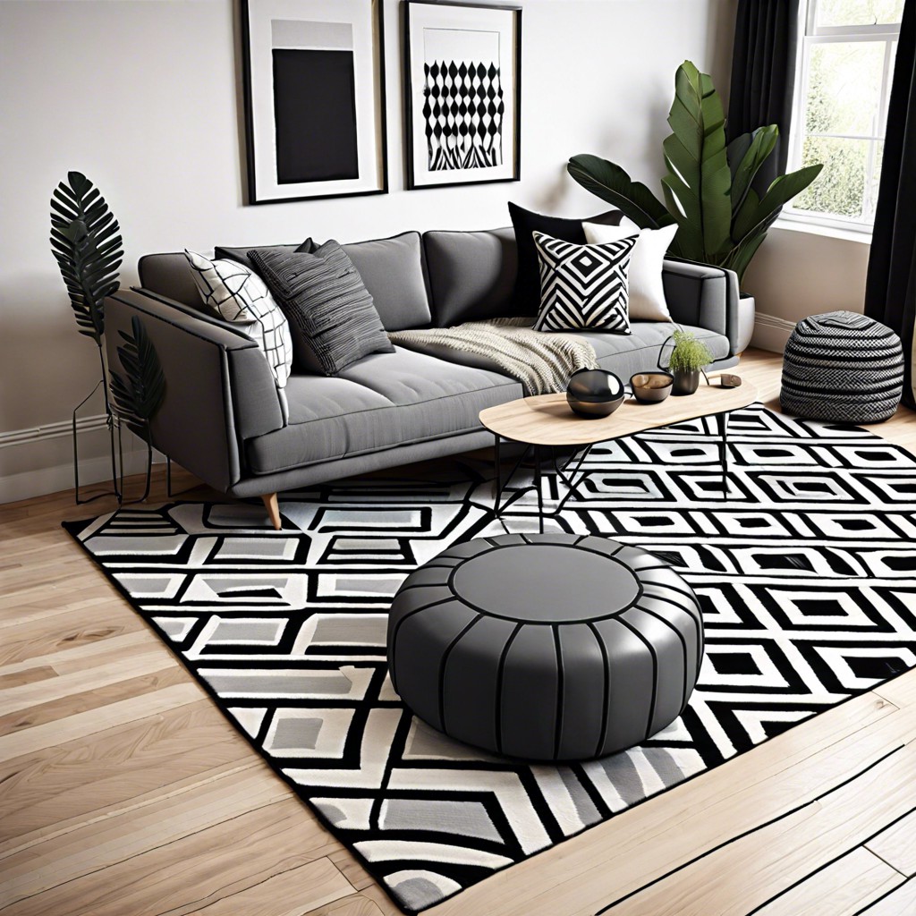 experiment with geometric patterns in a monochrome palette with a grey couch