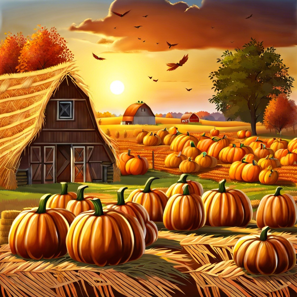 fall harvest landscape with pumpkins and haystacks