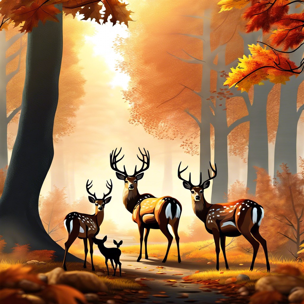 family of deer in a misty forest