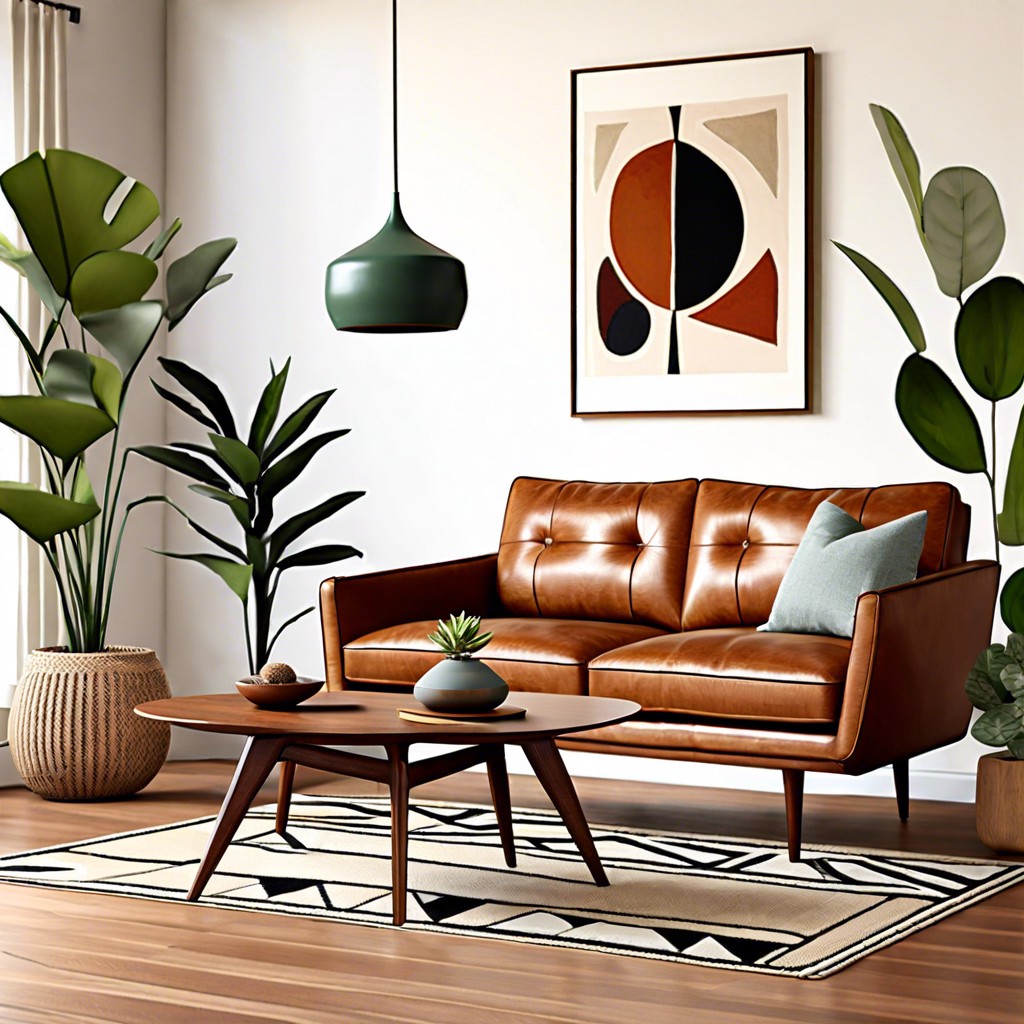 feature a cognac sofa in a mid century modern setting