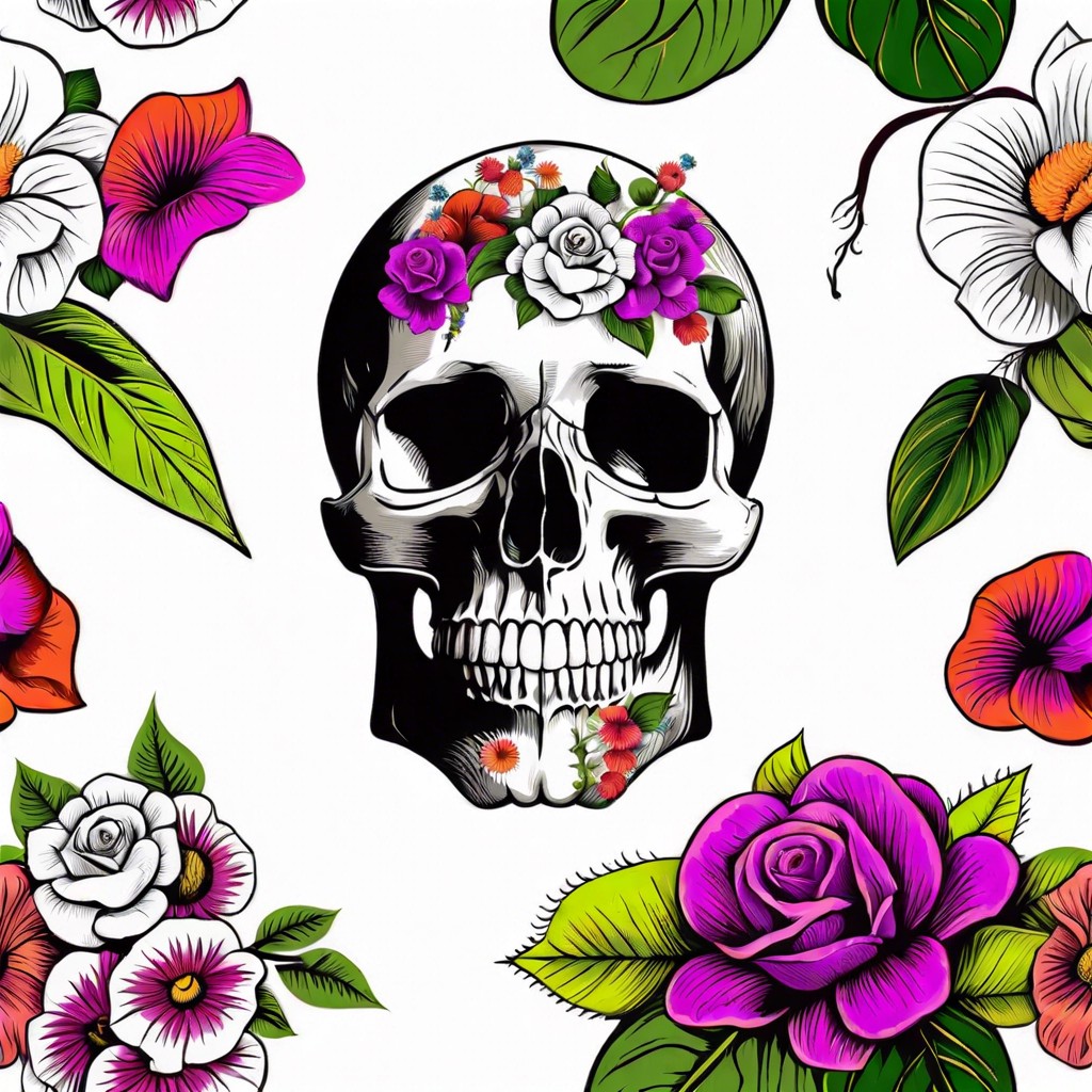 floral skull paint vibrant flowers across a skull for a mix of life and death themes