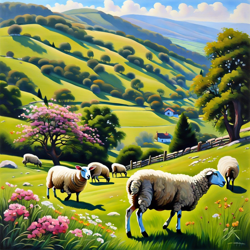 flower covered hillside with grazing sheep