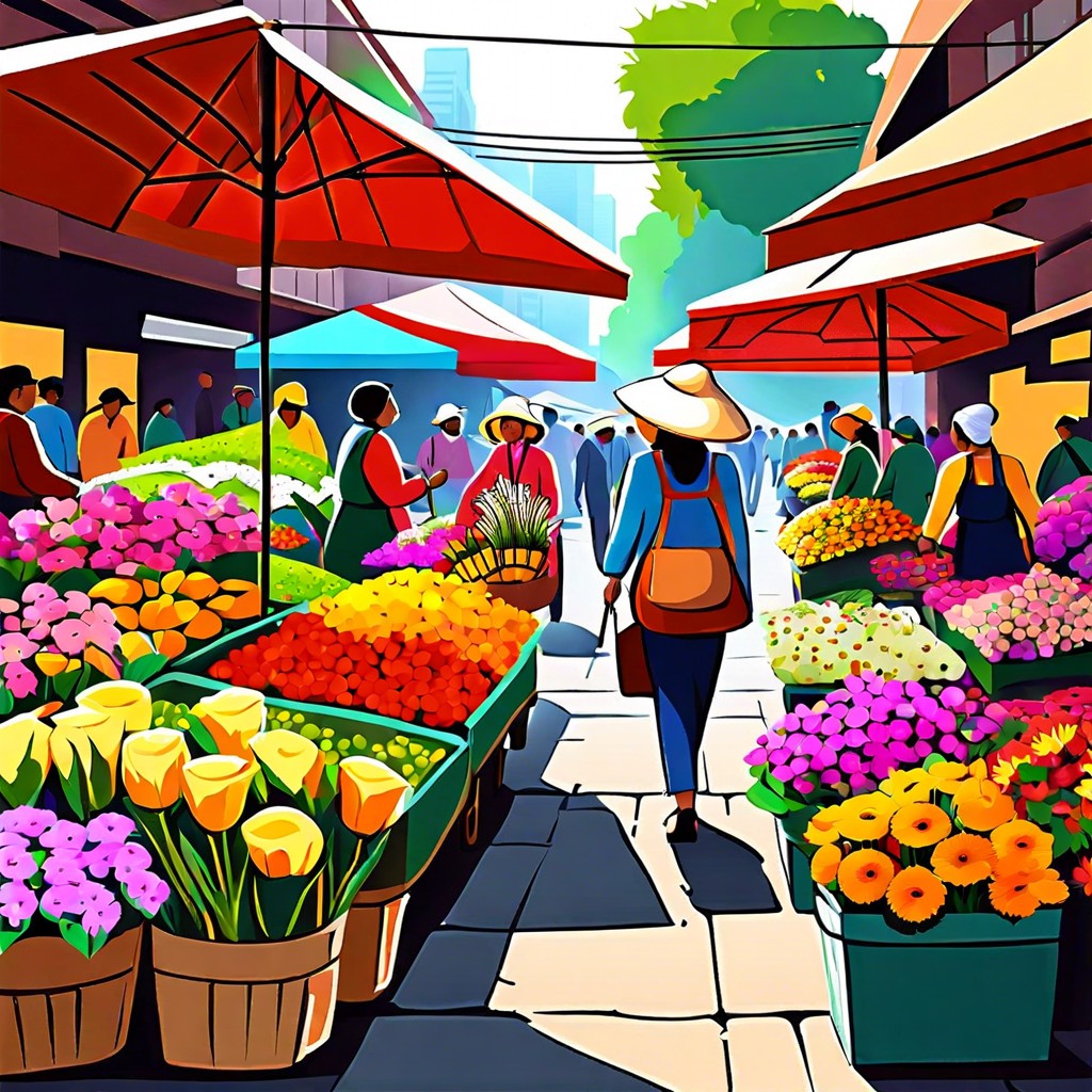 flower market depict a lively colorful scene at a bustling flower market