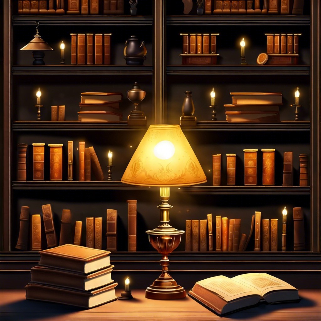 forgotten library shelves filled with ancient books and a single glowing lamp