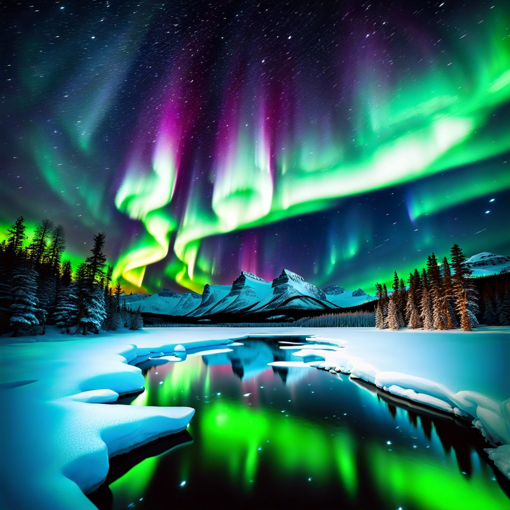 frozen lake with northern lights above