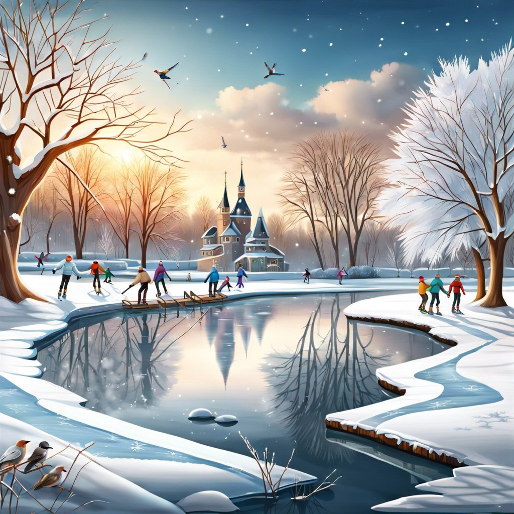 frozen pond with skaters