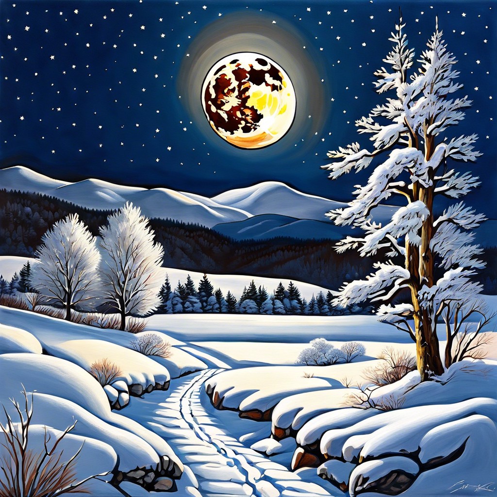 full moon over a snowy landscape