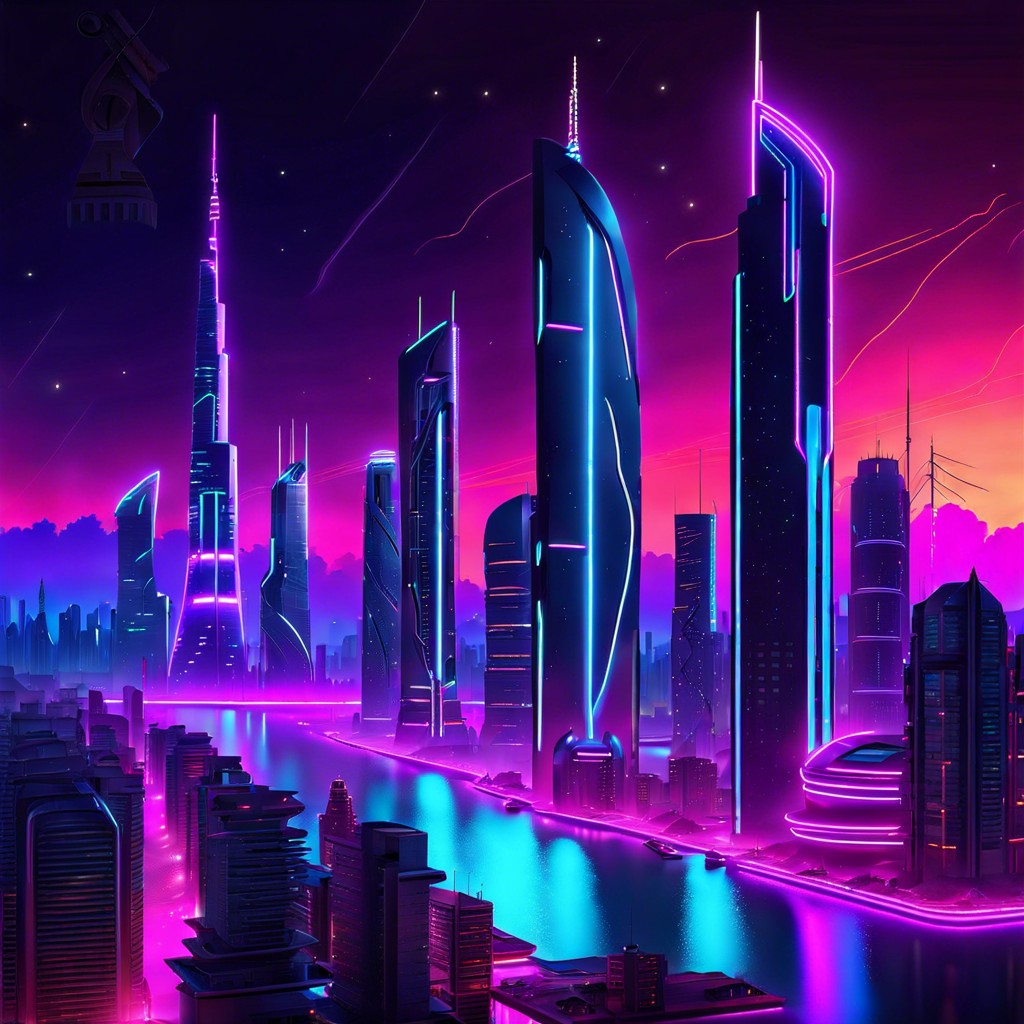 futuristic city with neon lit skyscrapers