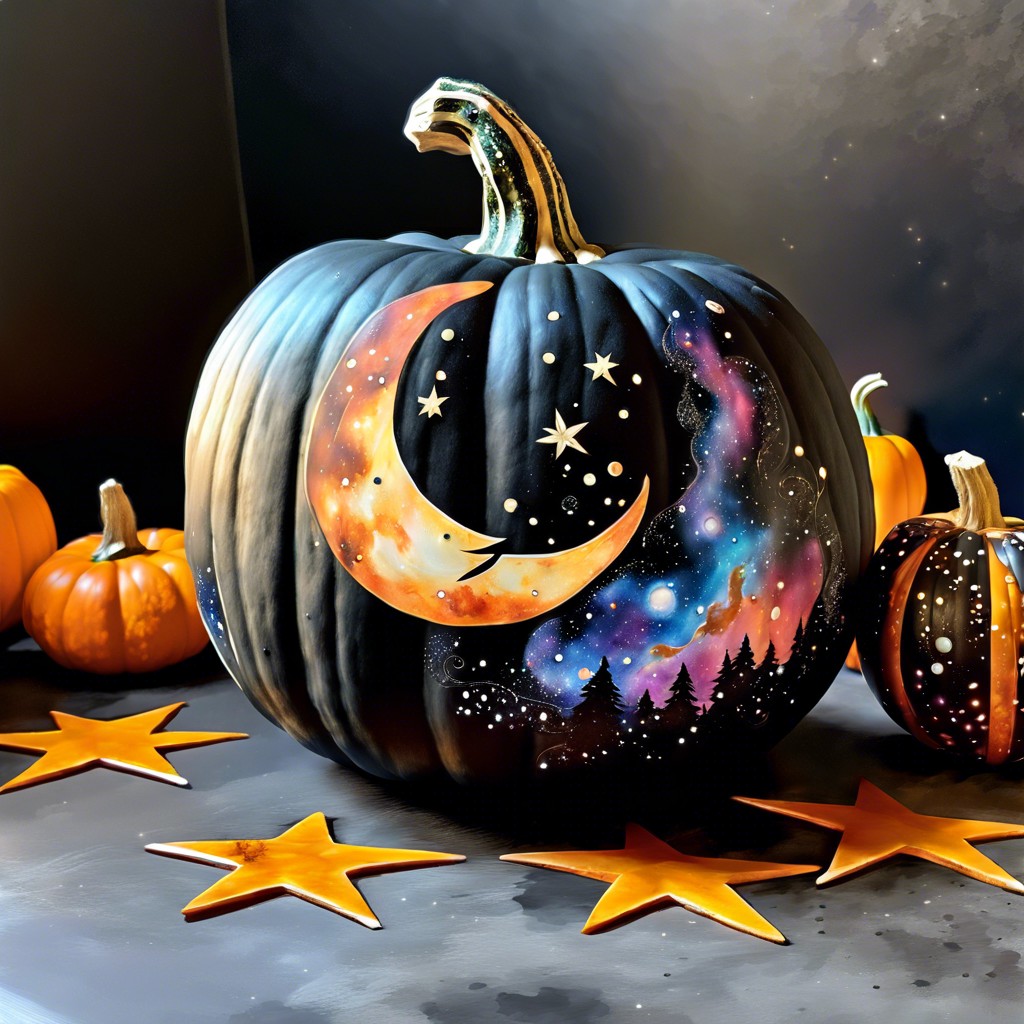 galaxy pumpkin use dark colors and splatter with white to mimic stars