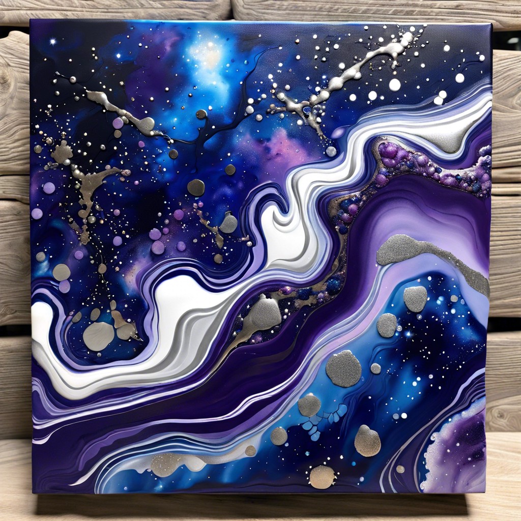 galaxy themed pour with dark blues purples and metallic silvers