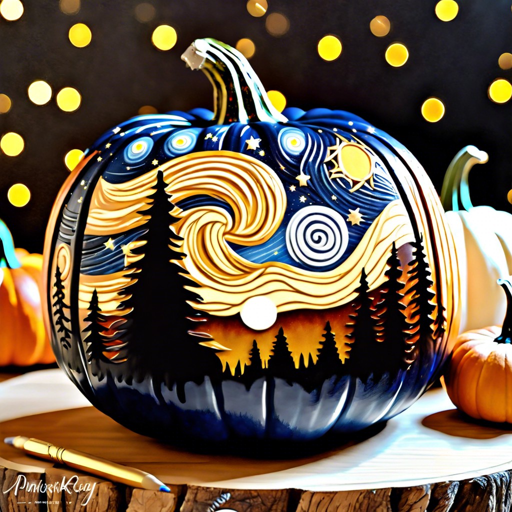 galaxy themed pumpkins with starry night designs