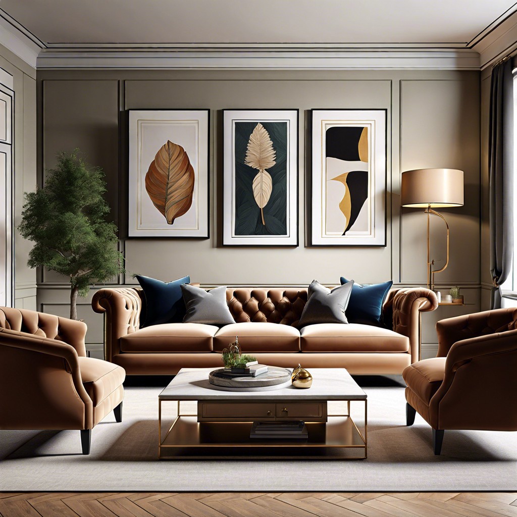 gallery wall elegance featuring a chesterfield