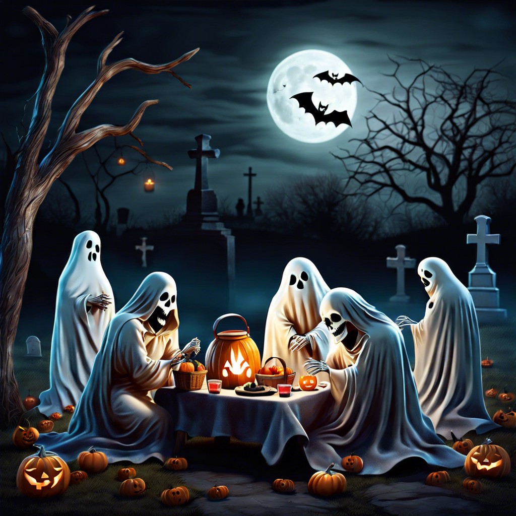 ghosts having a picnic in a graveyard