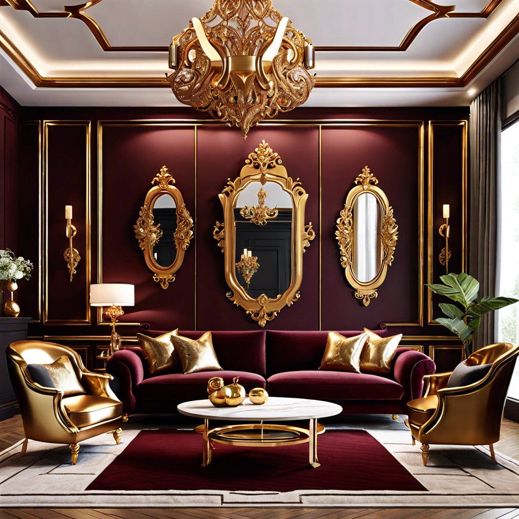 glamorous gold accents pair the sofa with gold mirrors frames and decorative items for a touch of luxury