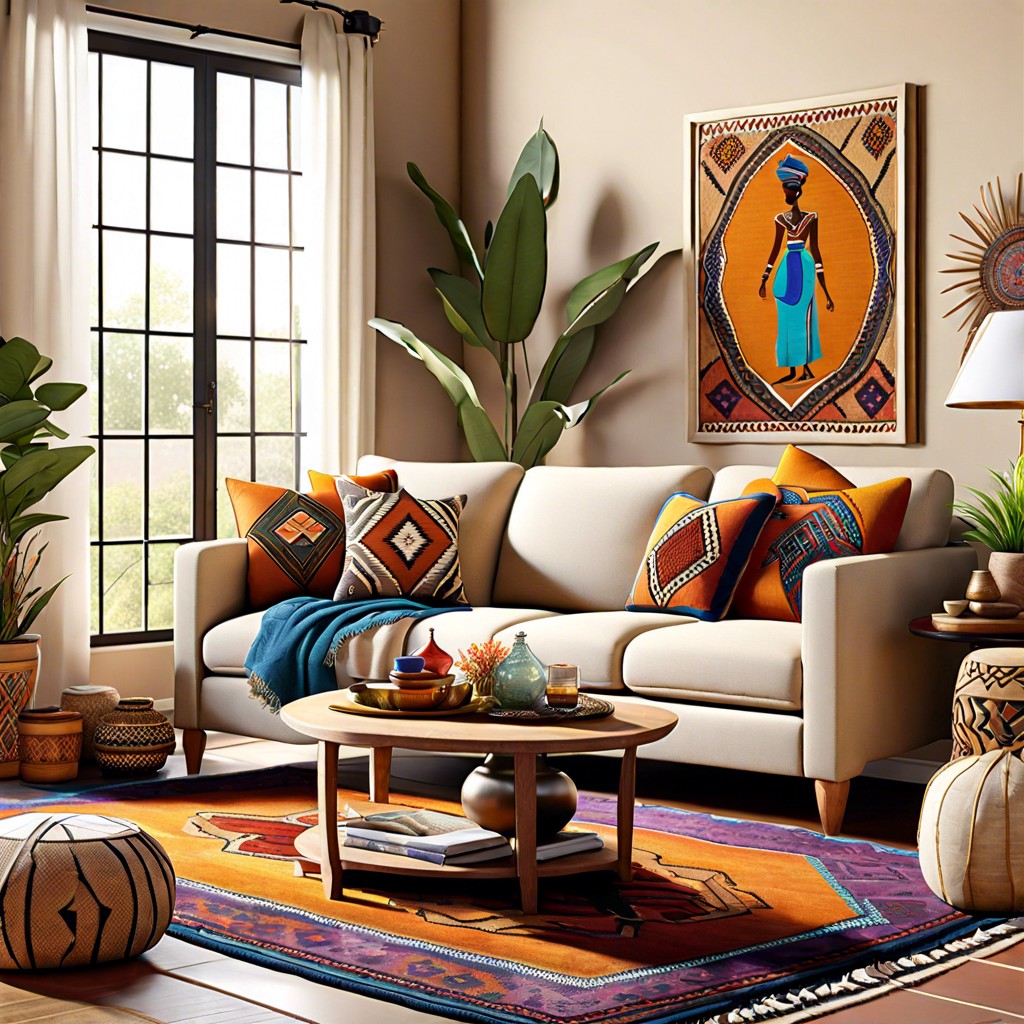 global influence with beige sofa and worldly decor