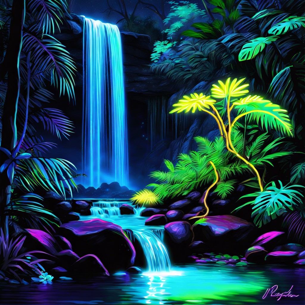 glowing neon rainforest waterfall