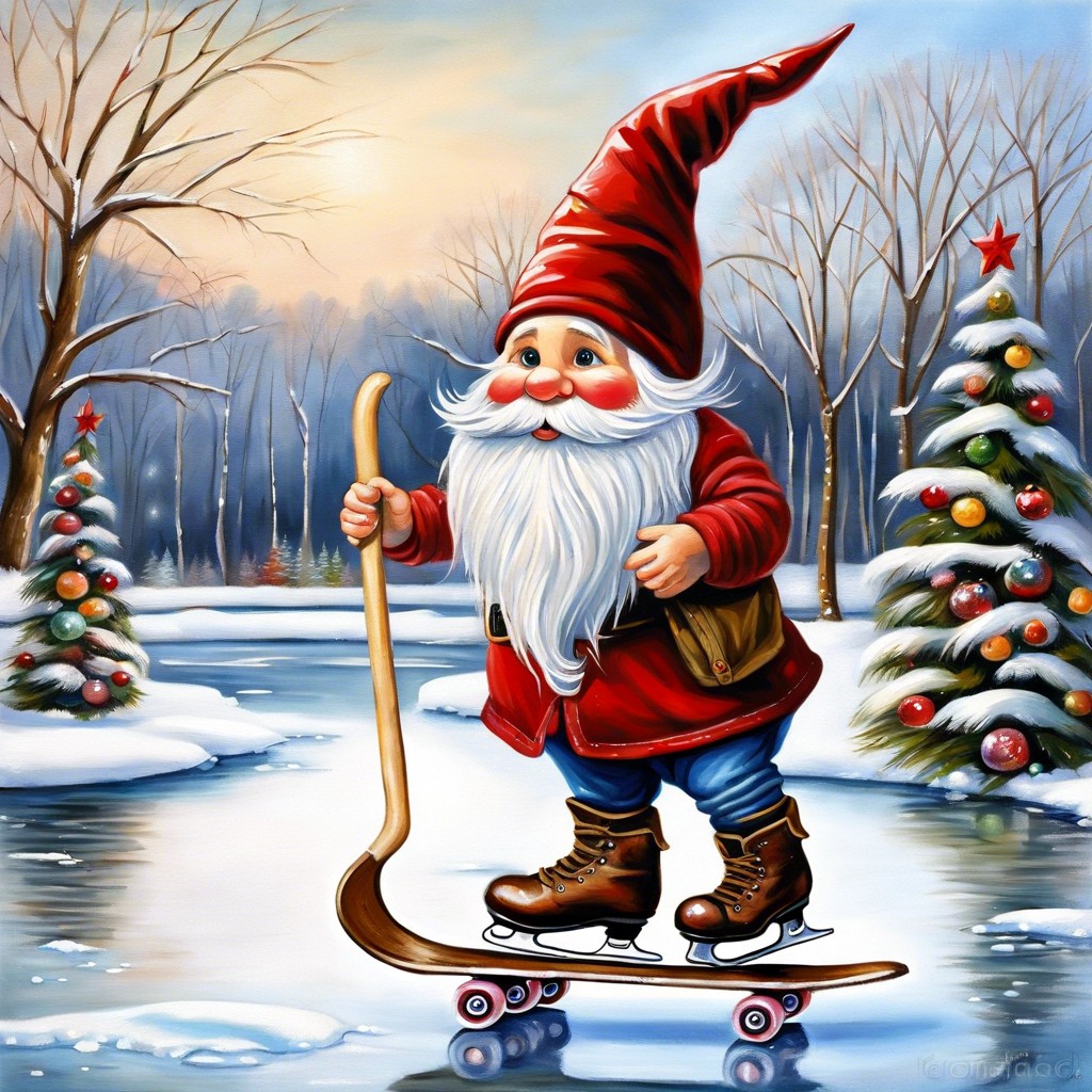 gnome ice skating on pond