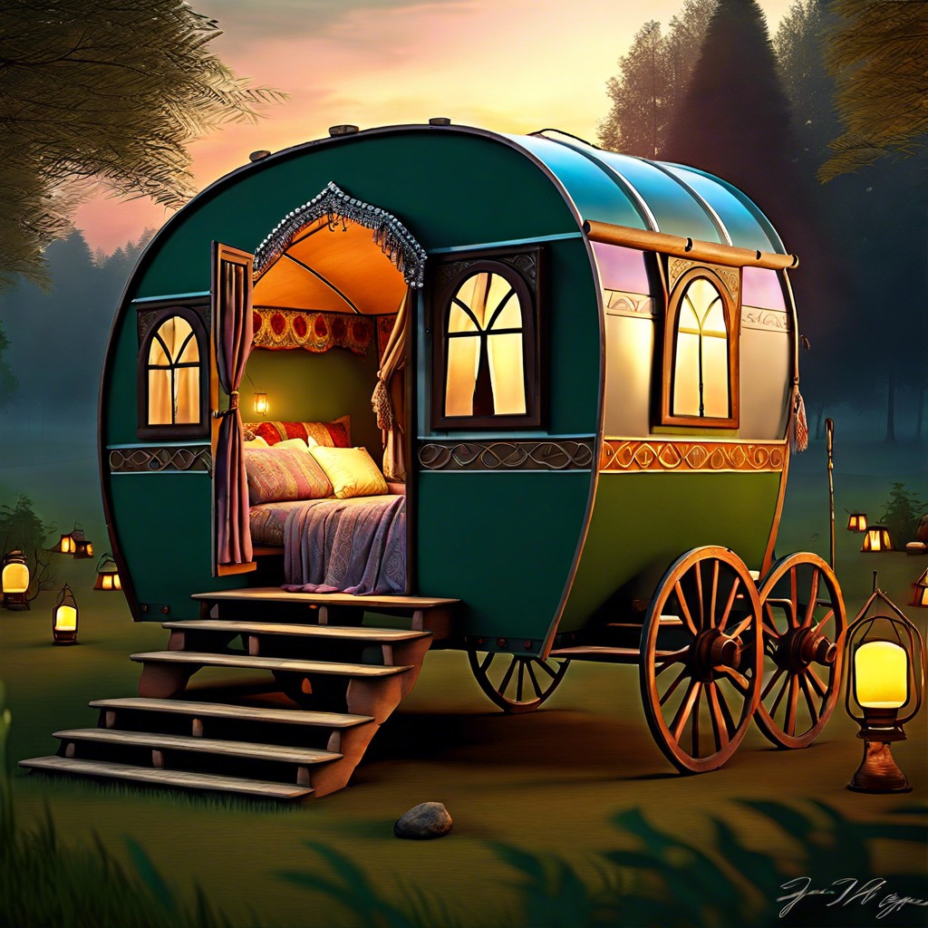 gypsy caravan in a forest setting at twilight