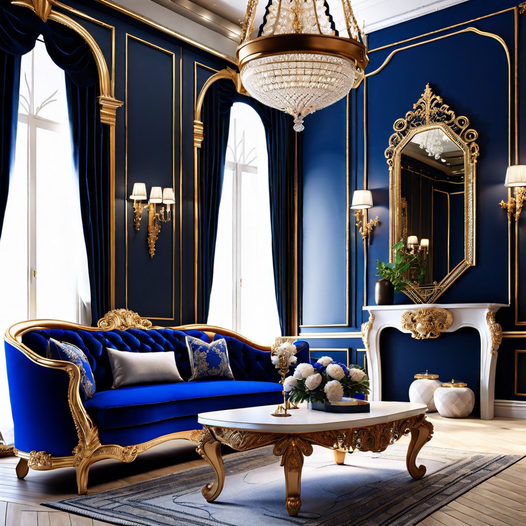hang an oversize mirror above a royal blue settee