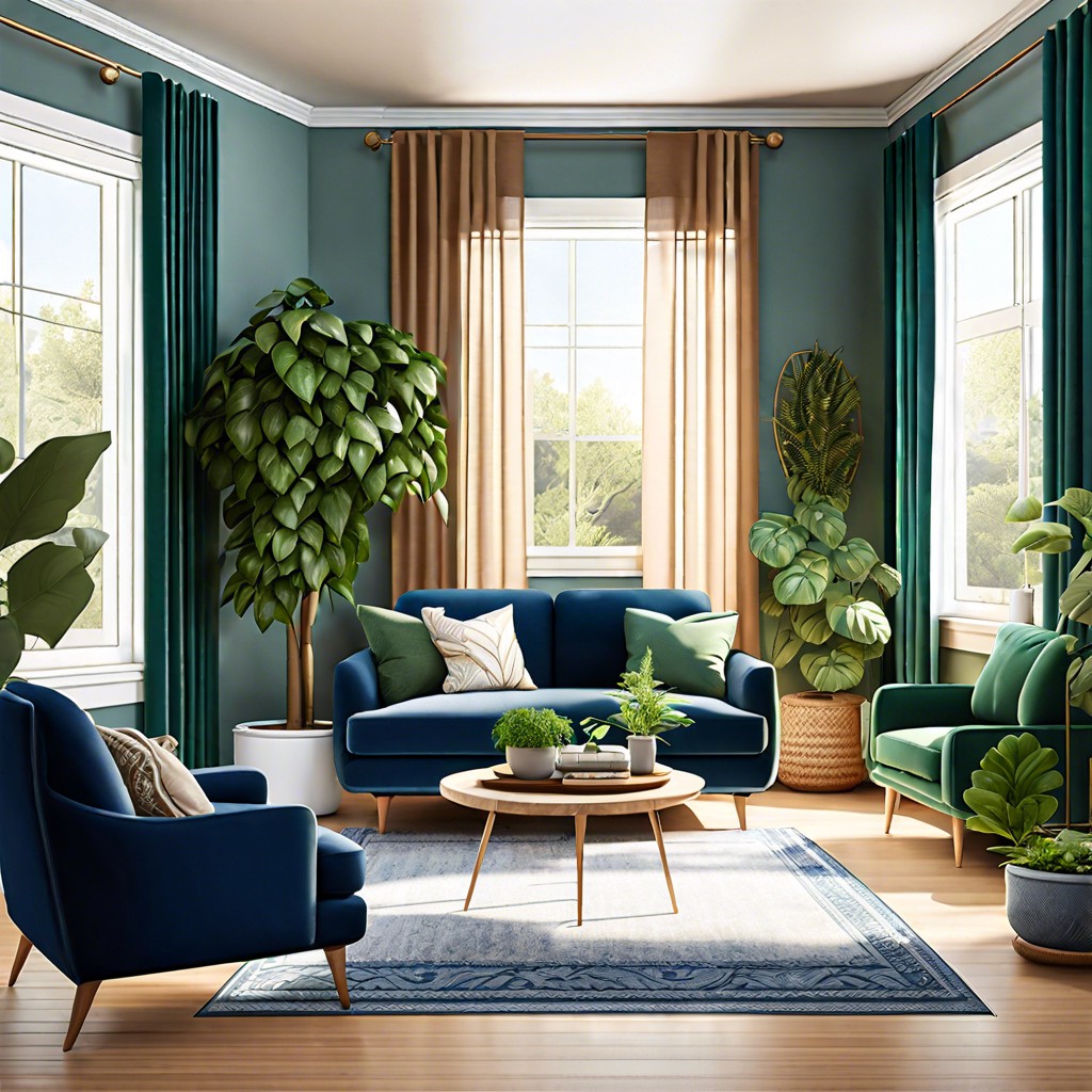 hanging plants above a blue loveseat