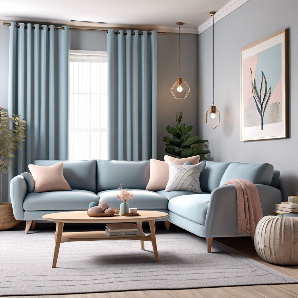 harmonize a grey sofa with pastel blue curtains and decor