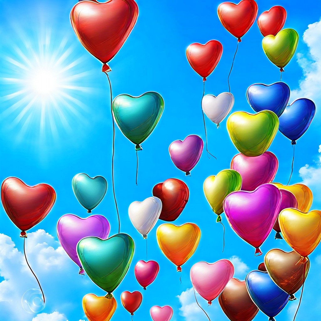 heart balloons depict colorful heart shaped balloons against a blue sky