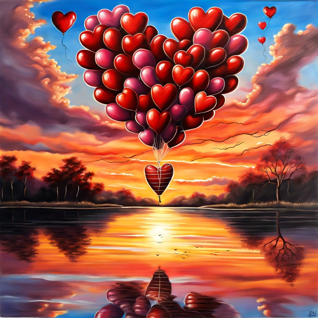 heart shaped balloons in sunset sky