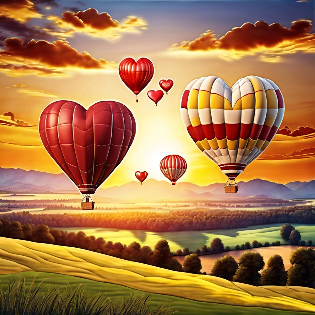 heart shaped hot air balloons floating over a scenic landscape