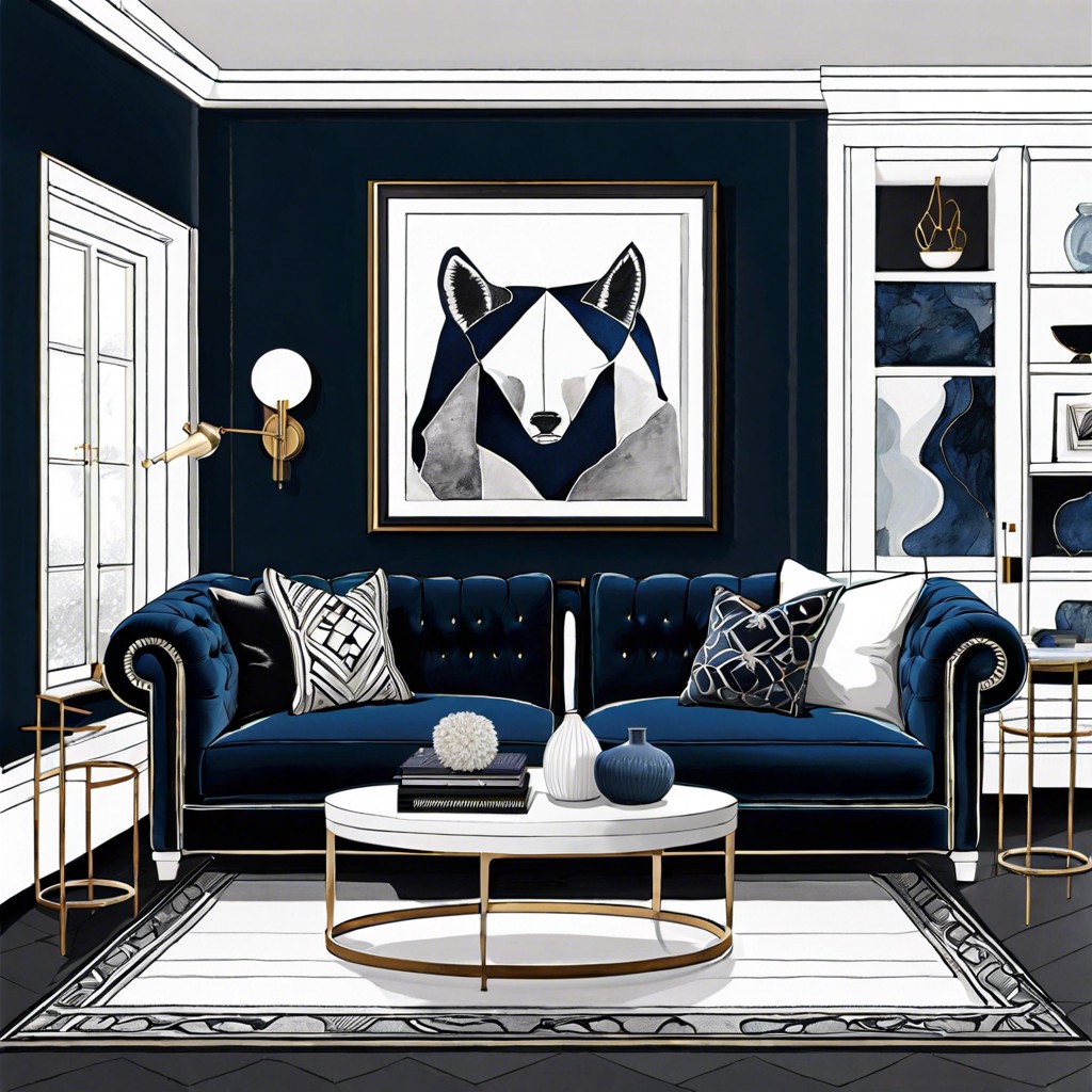 high contrast black and white graphics sharply paired with blue velvet